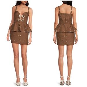 New Fanm Mon Helaina Floral Embroidered Bow Sweetheart Mini Dress🤎Small NWT!